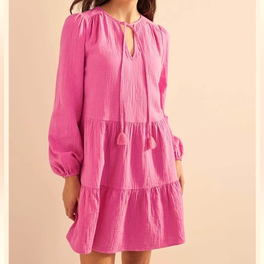 Boden Melissa Gauze Pink Long Sleeve Size 8 Dress with Bishop Sleeves